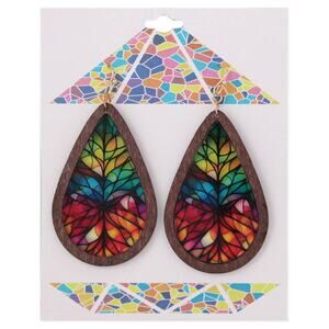 Rainbow Mosaic Stained Glass Print Wood Teardrop Earrings